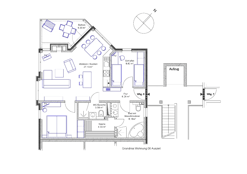 Grundriss der Ferienwohnung mit Wohn- und Essbereich, Küche, zwei Schlafzimmern, Wellnessbad, zweitem Bad und Balkon