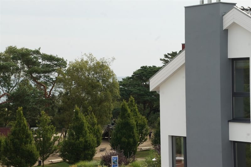 Blick vom Balkon über Kiefern und Gärten in Richtung Ort